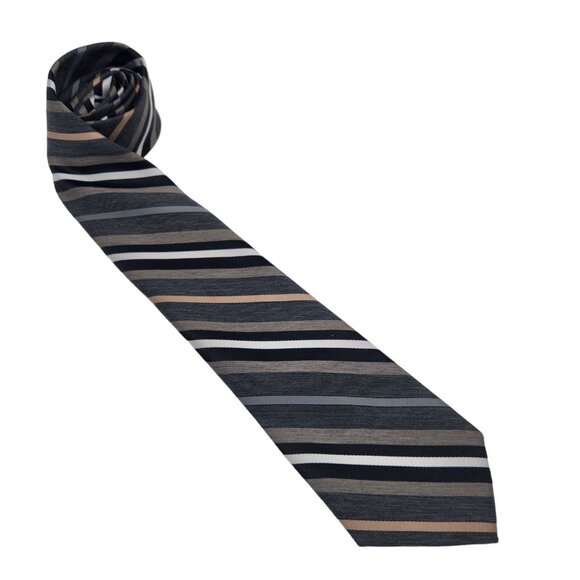Vintage Johnny‎ Carson Tie Necktie Striped Black Gray Tan White EUC - Picture 1 of 7